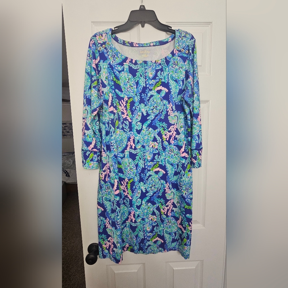 Lilly Pulitizer Tropical Turtle Floral Blue and Green Dress Xl